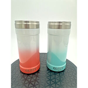 2 GLITZY Can Cooler Koozies 12oz Teal And Salmon Color NWOT
